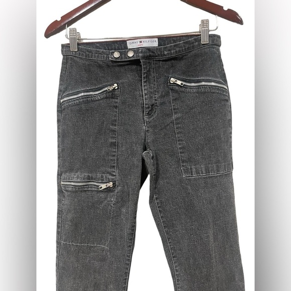Vintage 90s Y2K Tommy Hilfiger Black Denim Jeans Zipper Pockets Size 6 Straight - Picture 3 of 8